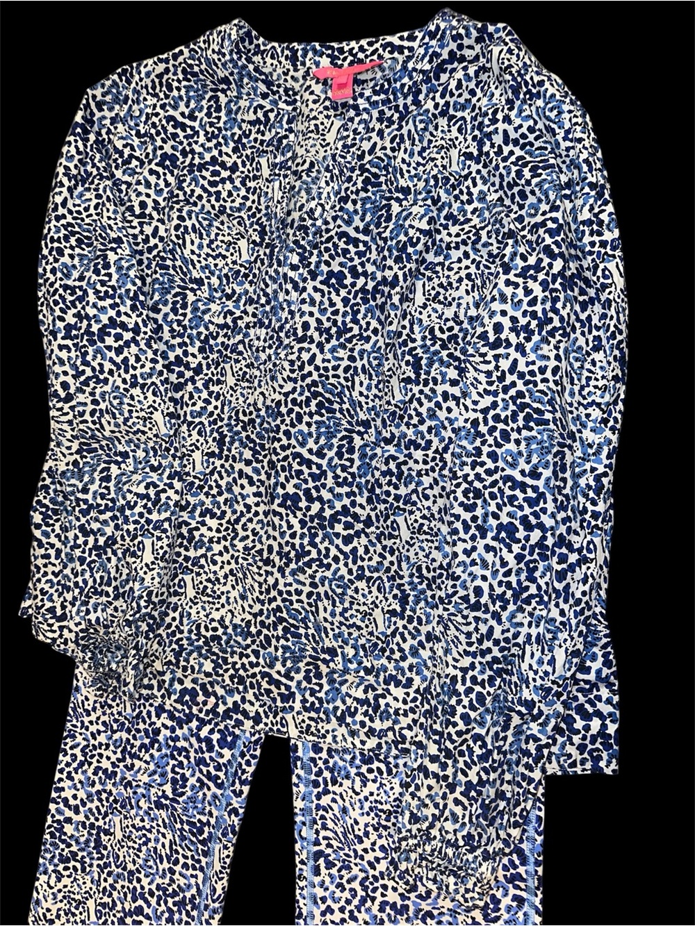 Lilly Pulitzer Blue and White Leopard-Print Wide-Leg Pant with Matching Top - Picture 2 of 5